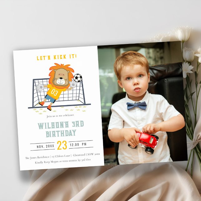Lets Kick Lion Goalkeeper Soccer Photo Birthday Invitation (Creator Uploaded)