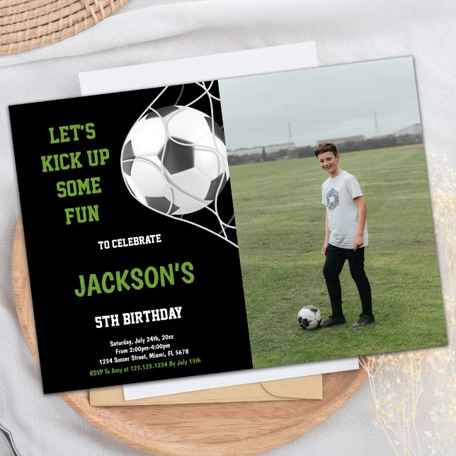 Let's kick up Black Photo Soccer Birthday Invitation (Let's kick up Black Photo Soccer Birthday Invitation)