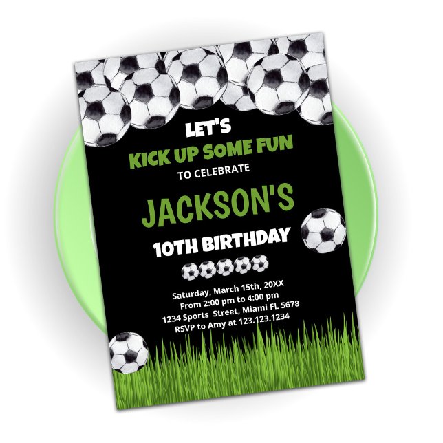 Let's Kick up Green Soccer Birthday Invitations (Creator Uploaded)