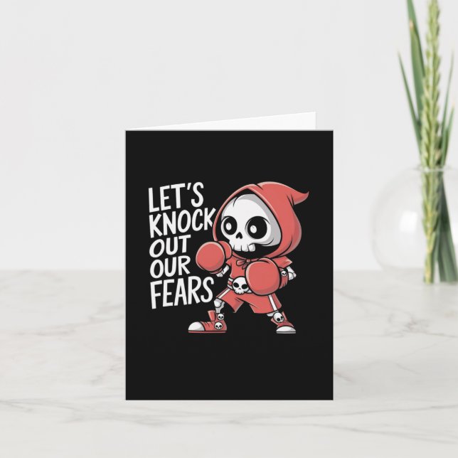 Let's Knock Out Our Fears Cute Boxing Skeleton Mot Card (Front)