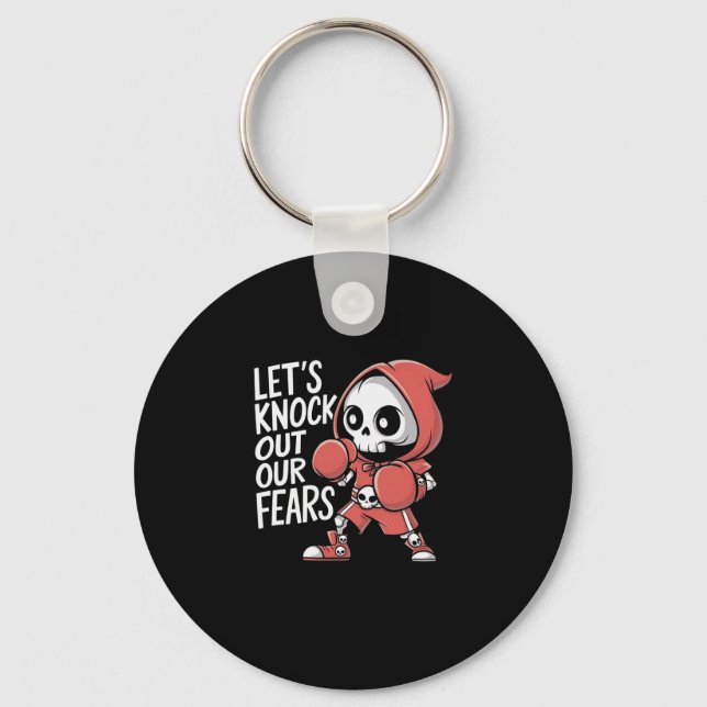 Let's Knock Out Our Fears Cute Boxing Skeleton Mot Key Ring (Front)