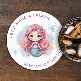 Let's Make a Splash Girls Mermaid Birthday Party Round Paper Coaster