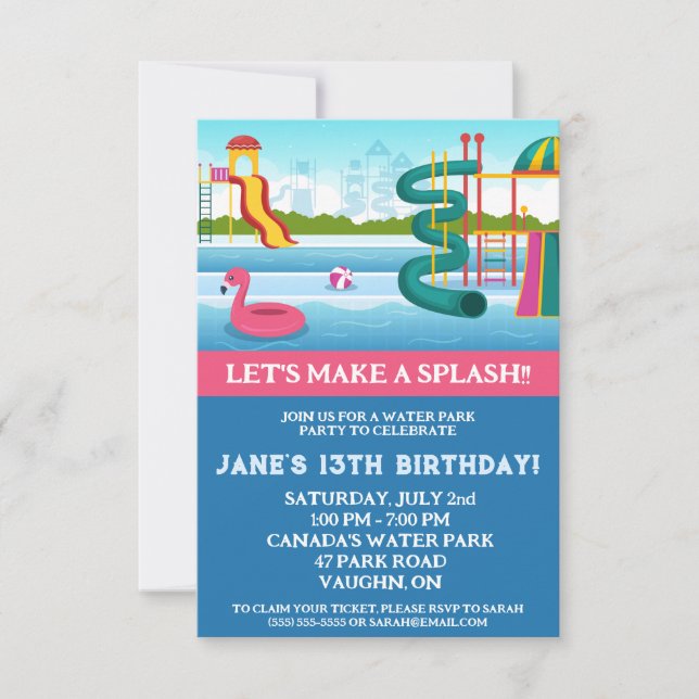 Let's Make a Splash!  Water Park Birthday Party Invitation (Front)