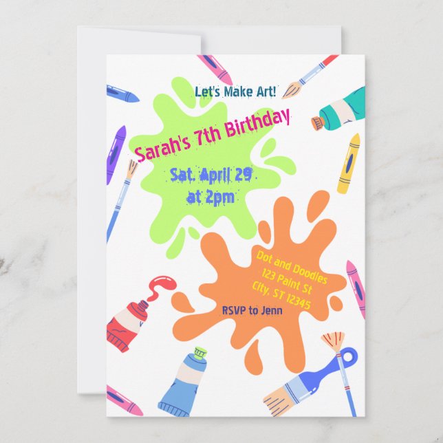 Lets Make Art colourful birthday party Invitation (Front)