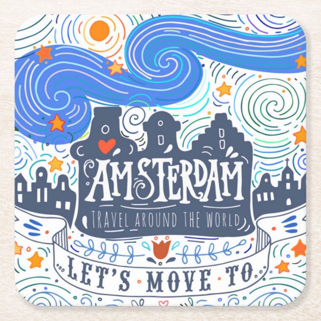 Let's Move To Amsterdam Square Paper Coaster (Front)