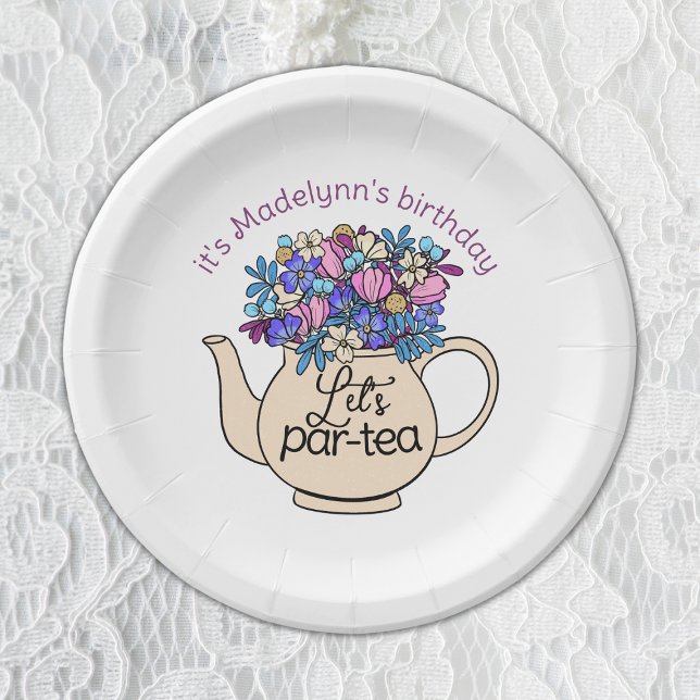 Let's Par-Tea Floral Teapot Girls Birthday Paper Plate (Creator Uploaded)