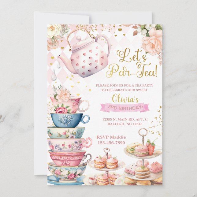 Let's Par-Tea girl birthday invite, Tea Party. Invitation (Front)