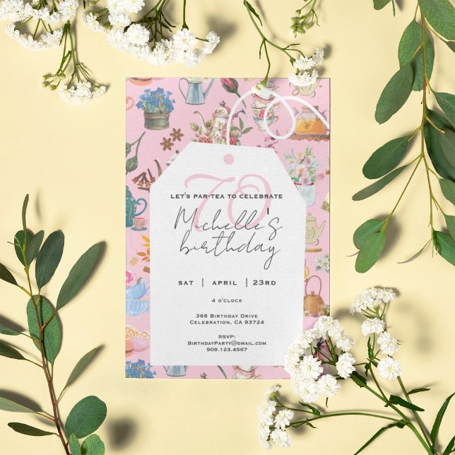 Let's Par Tea Pink 70th Birthday Garden Floral  Invitation (Creator Uploaded)