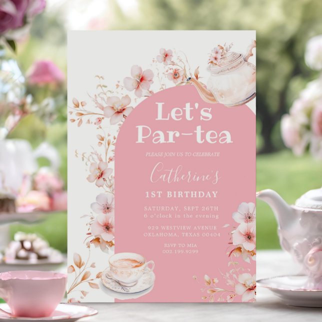 Let's Par-tea Pink Boho Floral Birthday Tea Party Invitation (Creator Uploaded)