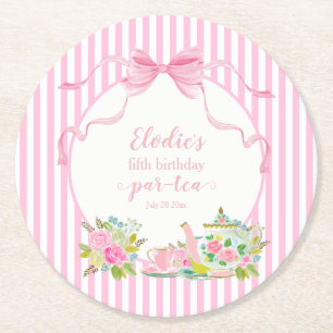 Let's Par-tea Pink Floral Birthday Party Round Paper Coaster