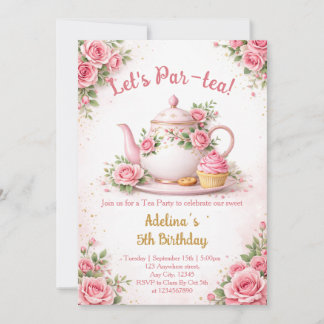 Let's Par-tea Pink Floral Teapot Girls Birthday Invitation