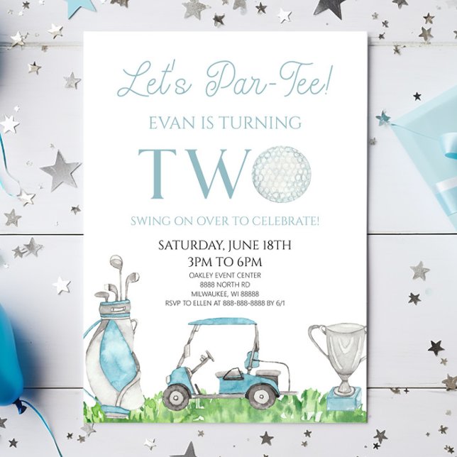 Let's Par-Tee Blue Golf 2nd Birthday Party Invitation (Creator Uploaded)