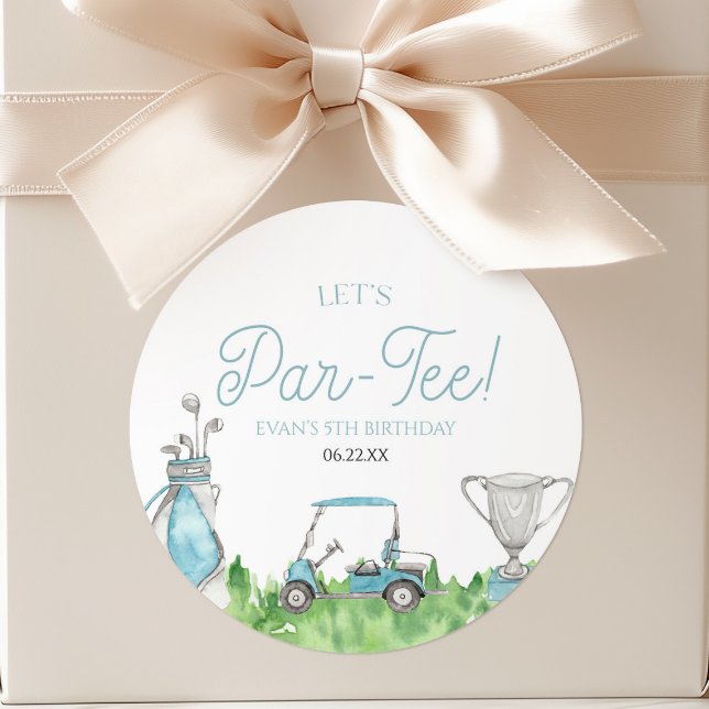 Let's Par-Tee Blue Golf Birthday Party Classic Round Sticker (Creator Uploaded)