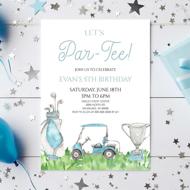 Let's Par-Tee! Blue Golf Birthday Party Invitation (Creator Uploaded)