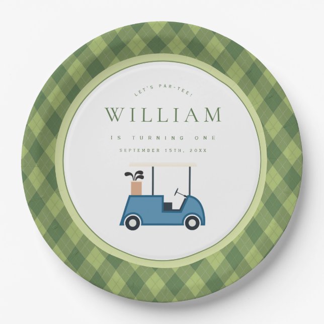 Let's Par Tee Golf Argyle Pattern First Birthday Paper Plate (Front)