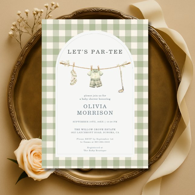 Let's Par-Tee Golf Sage Green Gingham Baby Shower Invitation (Creator Uploaded)