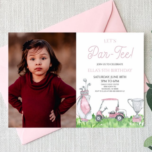 Let's Par-Tee! Pink Golf Picture Birthday Party Invitation (Creator Uploaded)