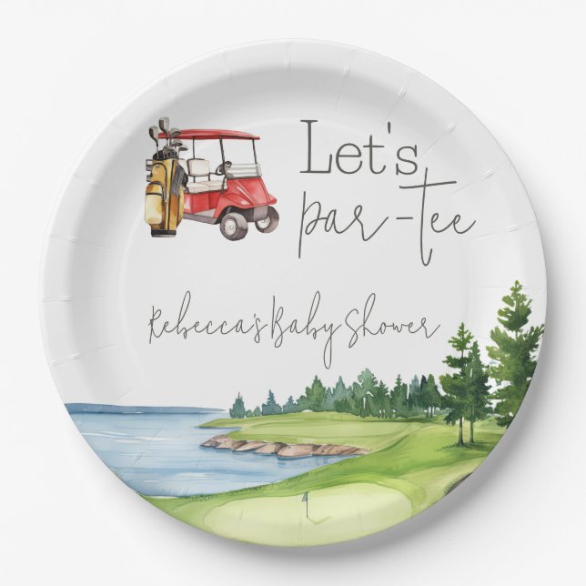 Let's Par Tee Red Cart Golf Baby Shower Party Paper Plate (Front)