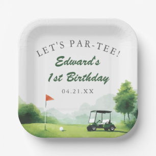Let's Par-Tee Watercolor Golf Buggy Birthday Paper Plate