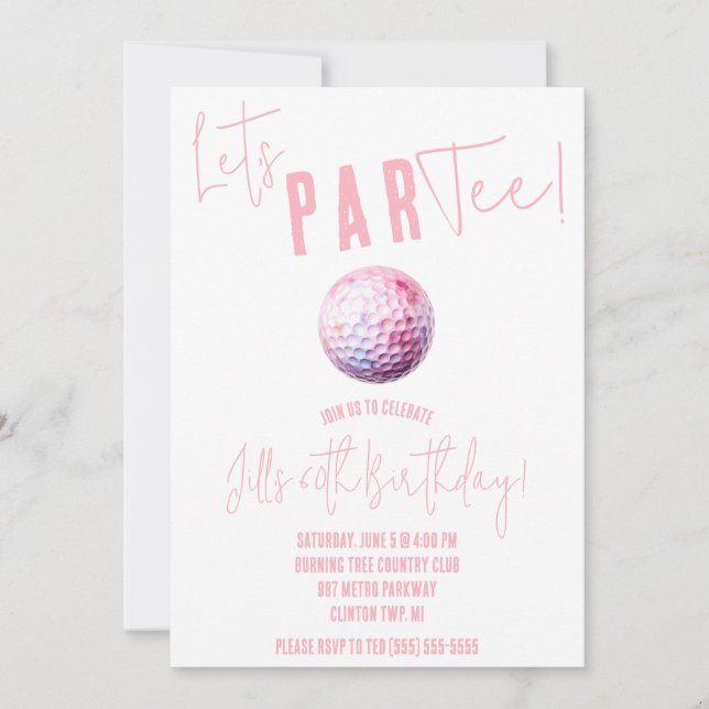 Let's ParTee! Pink and White Golf themed Party Invitation (Front)
