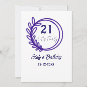 LETS PARTY 21ST birthday name PURPLE FLORAL CIRCLE Invitation