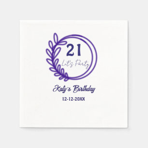 LETS PARTY 21ST birthday name PURPLE FLORAL CIRCLE Napkin