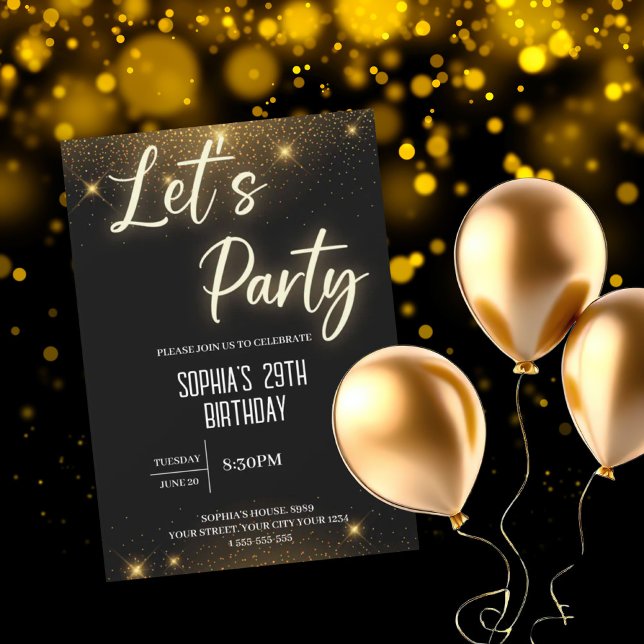 Let's Party Black and Gold Balloon Birthday  Invitation (Creator Uploaded)