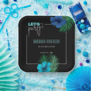 Let's Party Black Blue Neon Tropical 40th Birthday Paper Plate