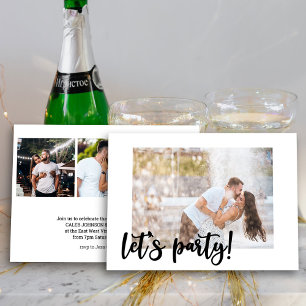 Let's Party Black Brush Script 4 Photo Engagement Invitation