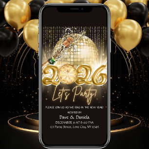 Lets Party Black Gold New Year Eve 2026 Invitation
