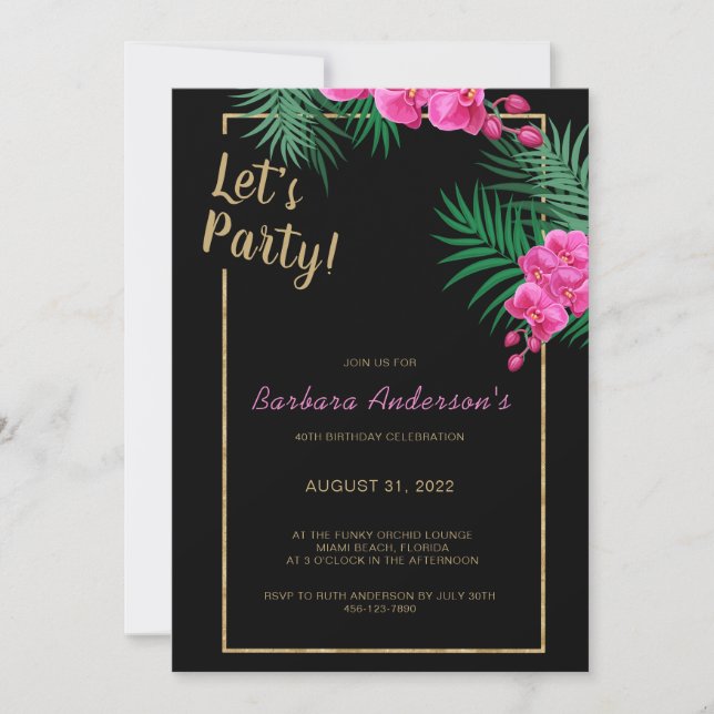 Let's Party Black Gold Tropical 40th Birthday Invitation (Front)
