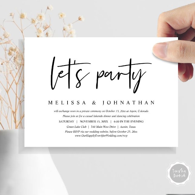 Let's Party, Casual Wedding Elopement Dinner Invitation (Let's Party, Post Wedding Elopement Dinner and Party Celebration Invitation Card, in Black and White)