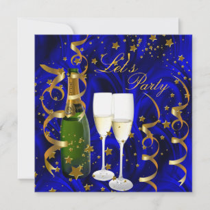 Let's Party Champagne Gold Stars Streamers Invitation
