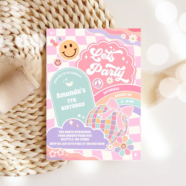 Lets Party Cloud Rainbow Disco Birthday Invitation (Creator Uploaded)