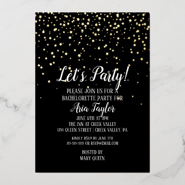 Let's Party Confetti on Black Bachelorette Gold (Front)