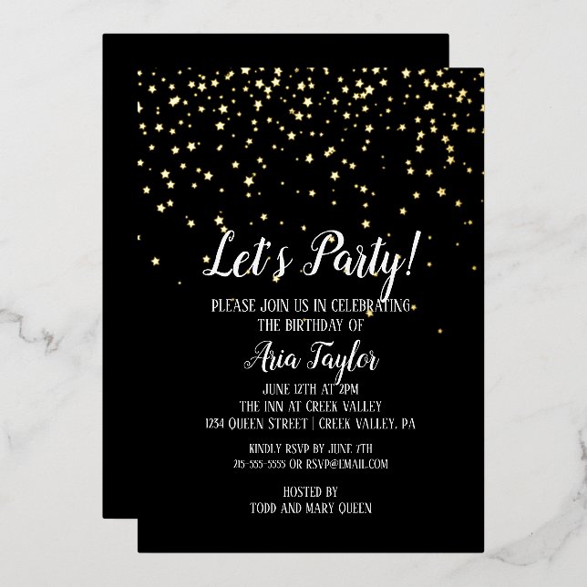 Let's Party Confetti on Black Birthday Party Gold  (Front/Back)
