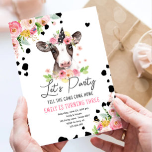 Let's Party Cow Floral Girl Farm Animals Birthday Invitation
