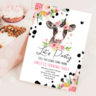 Let's Party Cow Floral Girl Farm Animals Birthday  Invitation