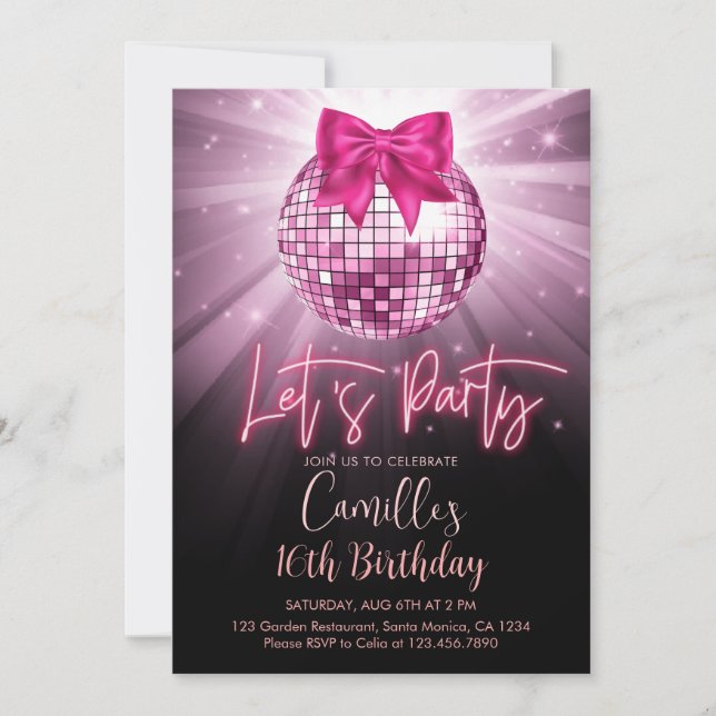 Let's party Disco Ball | pink bow Birthday  Invitation (Front)