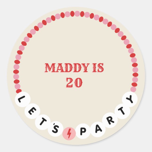 Let's Party Friendship Bracelet Red Pink Birthday Classic Round Sticker (Front)