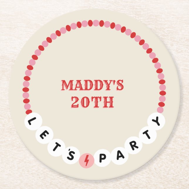 Let's Party Friendship Bracelet Red Pink Birthday Round Paper Coaster (Front)