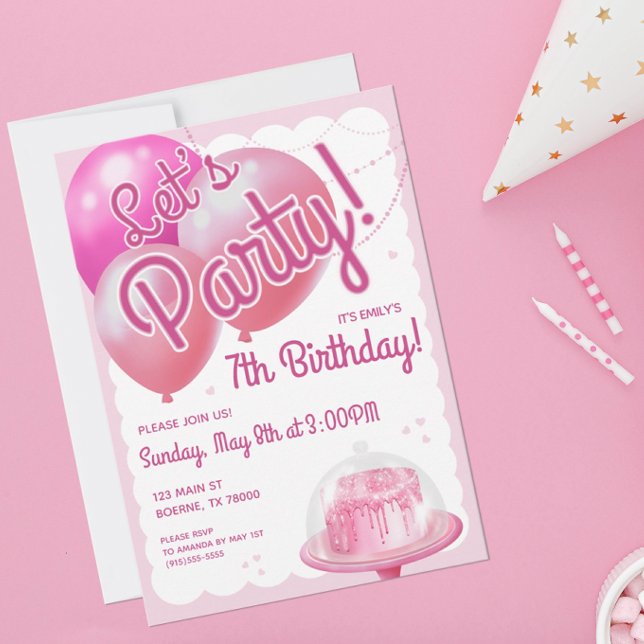 Let's Party Girly Pink Invitation (Let's Party with these fashionable pink birthday party invitations.)