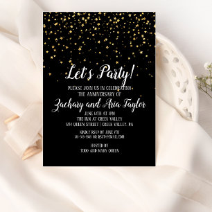 Let's Party Gold Confetti on Black Anniversary Invitation