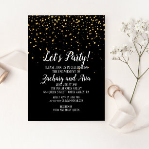 Let's Party Gold Confetti on Black Engagement Invitation