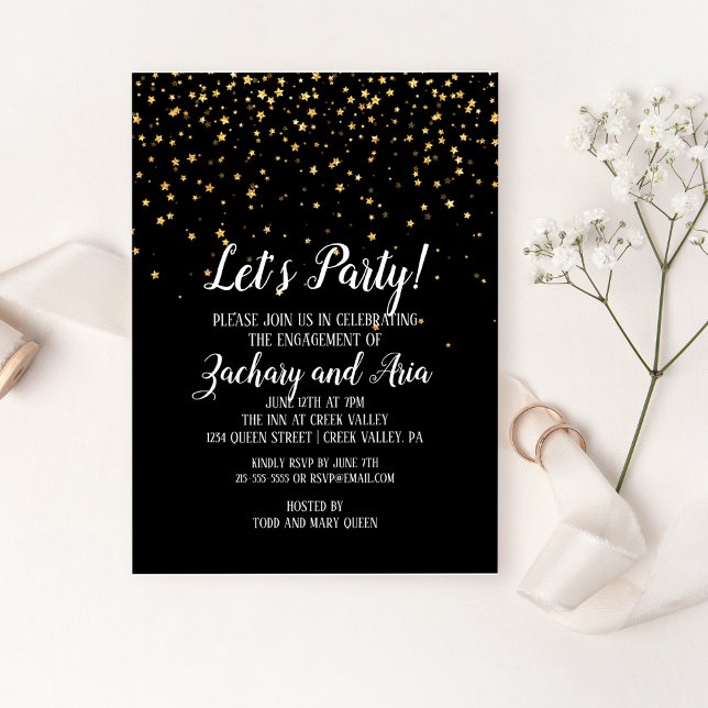 Let's Party Gold Confetti on Black Engagement Invitation (Creator Uploaded)