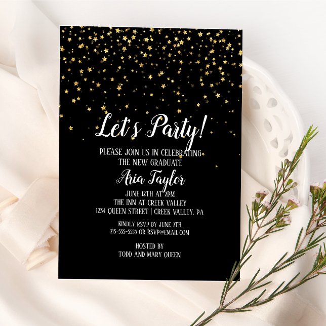 Let's Party Gold Confetti on Black Graduation Invitation (Creator Uploaded)