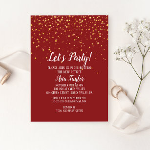 Let's Party Gold Confetti on Burgundy Retirement Invitation