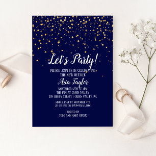 Let's Party Gold Confetti on Navy Blue Party Invitation