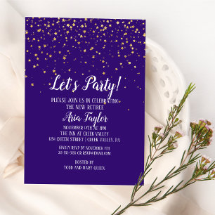 Let's Party Gold Confetti on Purple Party Invitation