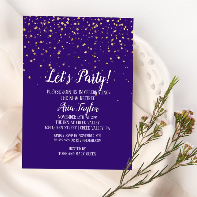 Let's Party Gold Confetti on Purple Party Invitation (Creator Uploaded)
